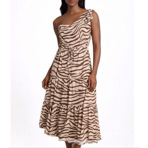 White Closet Elements Zebra Print One Shoulder Tiered Midi Dress Linen Blend S N